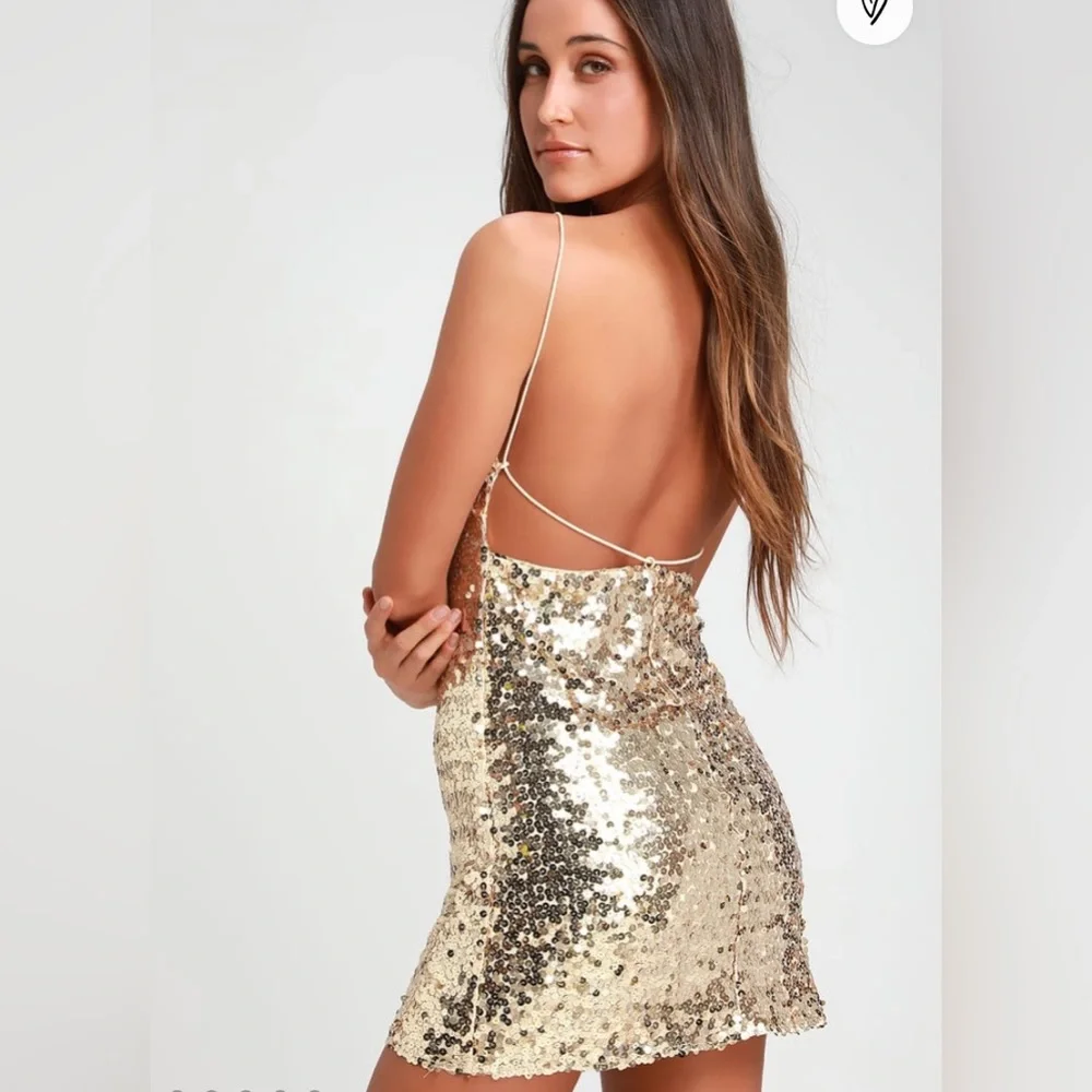 NWT Lulus gold sequined mini dress with open back, Sz. Large. - Picture 2 of 6